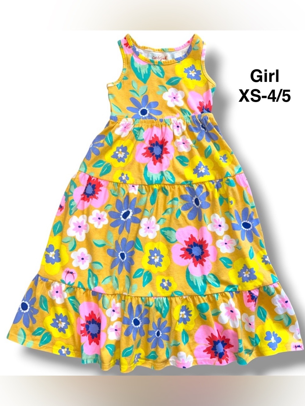 Cat & Jack Yellow Floral Tiered Sundress with Pink & Blue Blooms size XS -4/5